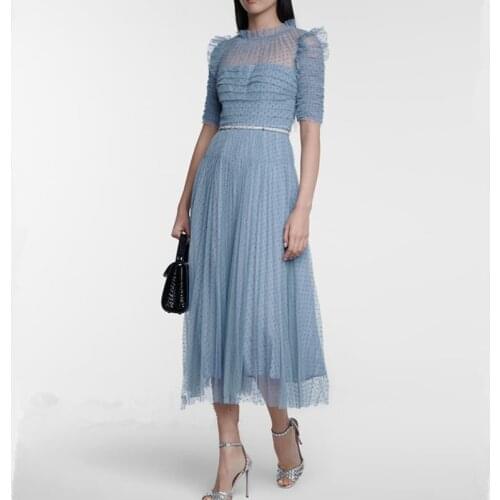Runway Dress Women Early Spring Sexy See Through Polka Dot Mesh Dress 2021 chic PUff Sleeve Long Pleated Party Dress