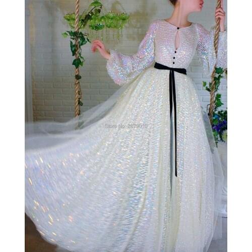 2020 Elegant A-Line Evening Dress Long Sleeves Floor-Length Sash Prom Dress Sequined Robe De Soiree Aibye Middle East Arabia