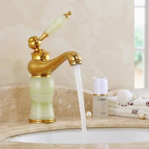 Golden Brass Jade Body Bathroom Basin Faucet Marble Stone Basin Mixer Taps Deck Mounted Sink Crane M1030