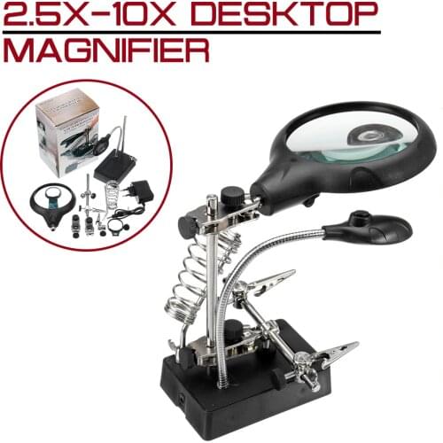 2.5X-10X lens Auxiliary Clip Loupe Desktop Magnifier Welding Magnifying Glass With Third Hand LED Light Soldering Repair Tool