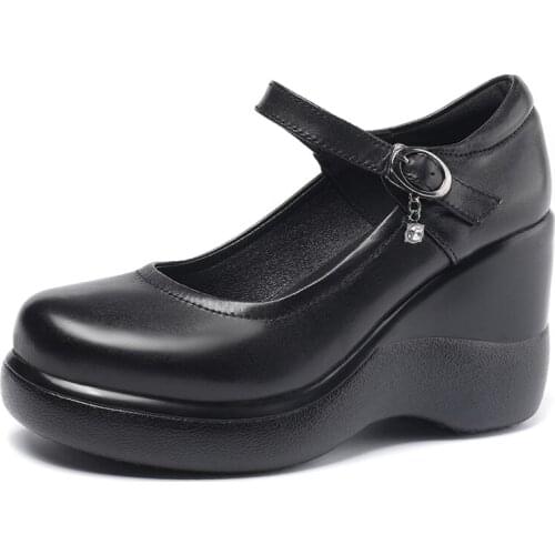 2020 New Spring Round Head Genuine Leather Shoes 8cm High with Thick Bottom High Heel Shoes Elegant Comfort Fashion Women Shoes