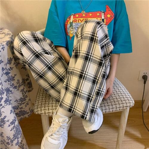 Harajuku Plaid Pants for Women Trousers Elastic Waist Casual Loose Wide Leg Pants Pockets Japanese Streetwear Plus Size Pants