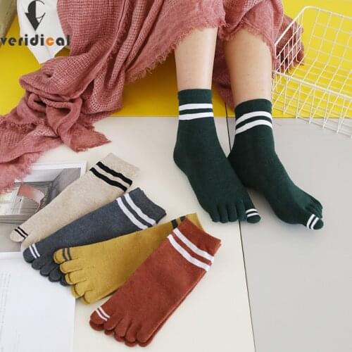 VERIDICAL Striped Woman Five Finger Socks Cotton Solid Soft Elastic Endurable Breathable Harajuku Students Girl Socks With Toes