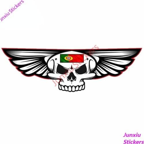 Gothic Skull with Wings with Portugal Portuguese Flag Retro Car Sticker for SUV Biker Trunk Window Vinyl Fine Decal PVC15x5cm