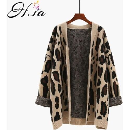 H.SA 2021 Women Autumn Winter Sweater and Cardigans V neck Long Leopard Knit Jackets Korean Fashion Tops Femme winter clothes