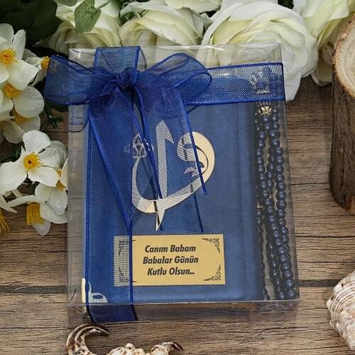 Pocket Size Velvet Covered Quran Plexiglass Navy Blue, Pearl Rosary Navy Blue, Acetate Boxed Mevlid Package FREE SHİPPİNG