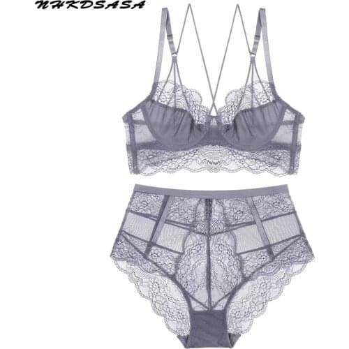 NHKDSASA Brand Bra And Panty Sets For Women Plus Size 2021 Erotic Lingerie Summer 40D High Waist Panty Pink Lace Underwear Sets