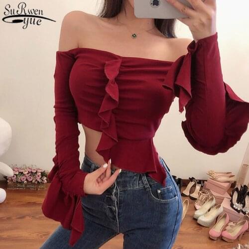 Short Slash Neck Sexy Women Tops Blouses Ruffled Long Sleeve Dames Blouse New Spring Cotton Casual Solid Shirts For Women 12575