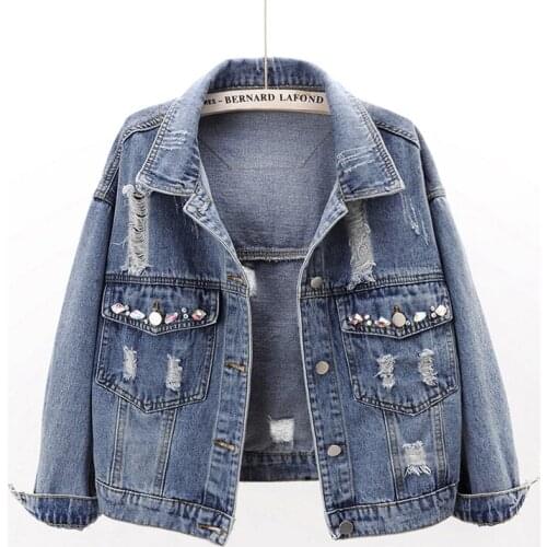 Spring Autumn Vintage Blue Short Jeans Jacket Female Hole Diamond Long-Sleeved Womens Loose Casual Denim Coats Casacos Abrigo