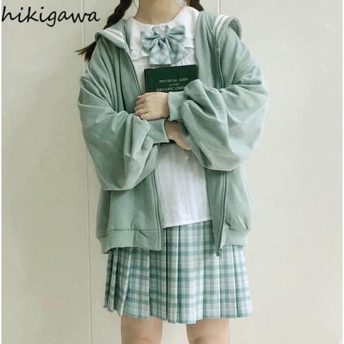 Hikigawa Autumn Coat Top Women Korean Fashion Loose Sailor Collar Plus Velvet Jacket Sweet Japanese Long Sleeve Zipper Cardigan