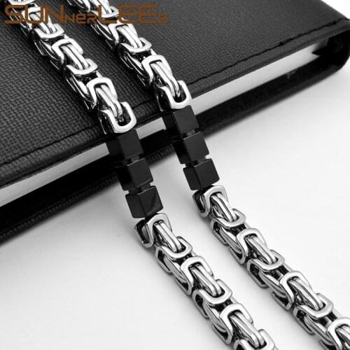 SUNNERLEES Fashion Jewelry Stainless Steel Necklace 7mm Black Silver Color Geometric Byzantine Link Chain For Mens Womens SC90 N