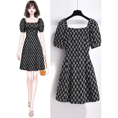 French Style Retro Black Dress for Women Summer New Small Puff Sleeve Square Collar Skimming Small Black Dress women clothes