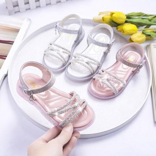 Girls Sandals Summer New Girls Princess Shoes Fashion Kids Rhinestone Sandals Korean Version Soft-soled Childrens Beach Shoes