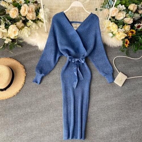 Spring and Autumn Knitted Dress Korean Women temperament V-Neck Dress Casual Long sleeve Slim Sexy Dresses