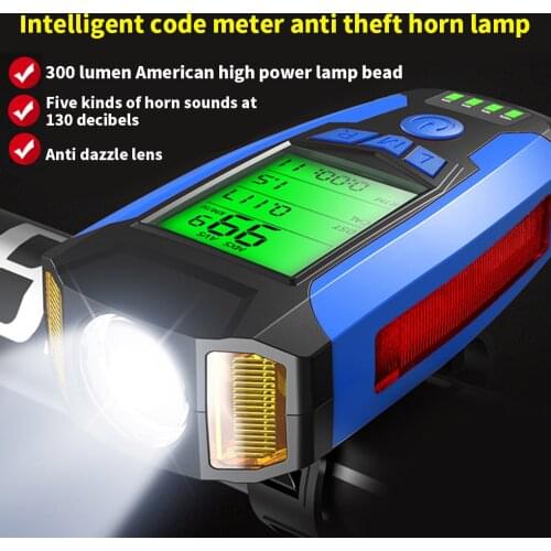 USB Front Light Horn Speed Meter 3 In 1 Bike Light Multifunctional Cycling Computer Waterproof Handlebar Odometer 5 Modes