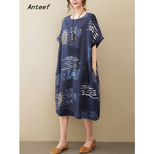 Short sleeve cotton vintage floral dresses for women casual loose woman summer dress elegant clothes 2021