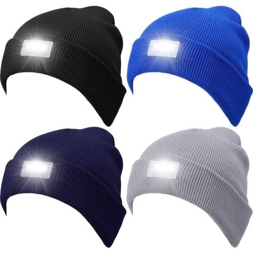 4Pieces 5 Led Knitted Flashlight Beanie Cap Winter Knit Warm Head Light Lamp Hat for Hunting, Camping, Grilling, Walking