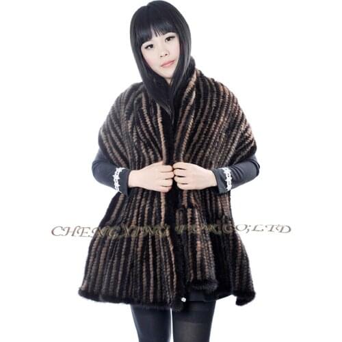 CX-B-M-103 Striped High Quality Women Fashion Real Fur Mink Knitted Shawl
