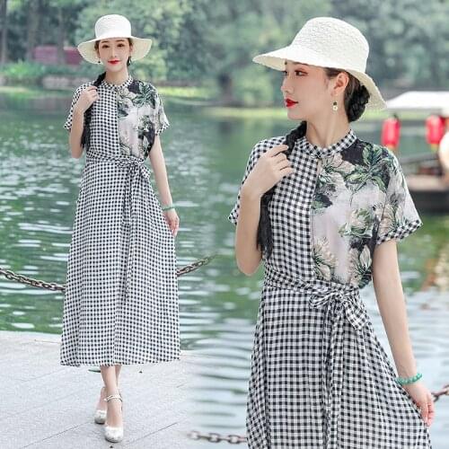 Fashion Patchwork Plaid Dress 2021 New Arrival Short Sleeve Loose Summer Dress Sashes Slim Women Travel Casual Midi Dress