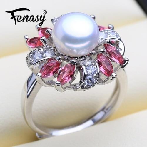FENASY Natural Freshwater Pearl Rings For Women 925 Sterling Silver Luxury Ruby Wedding Female Ring Fine Jewelry