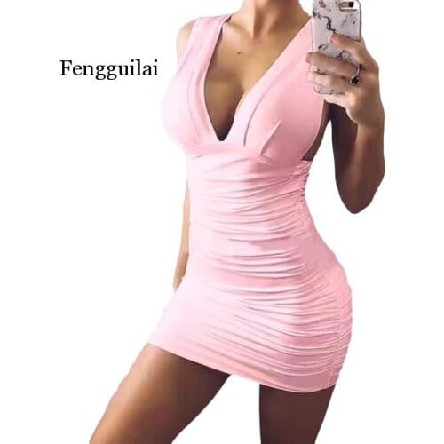 New Summer Womens Bodycon Mini Dress Sexy Ladies Sleeveless V Neck Party Cocktail Club Slim Fit Dress Sundress