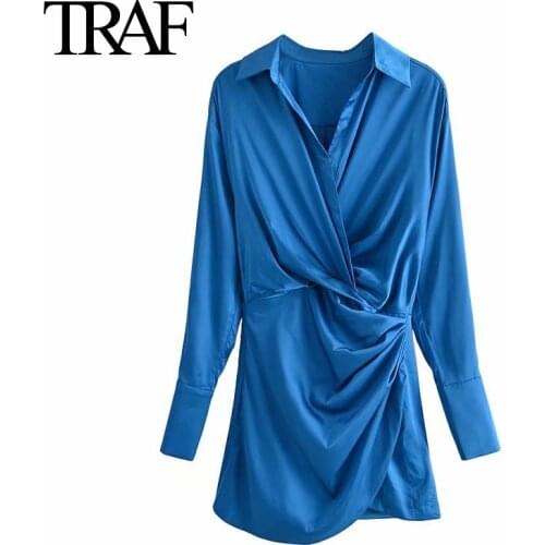 TRAF Womens Clothing Spring Autumn High Fashion Rayon Satin Dress Blue Long Sleeve Shirt Dress French Party Mini Dress