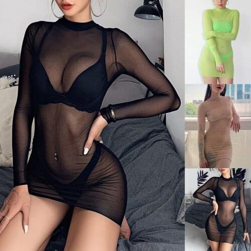 Women Long Sleeve Mesh Solid Color Round Collar Dress for Evening Party Clubwear -OPK