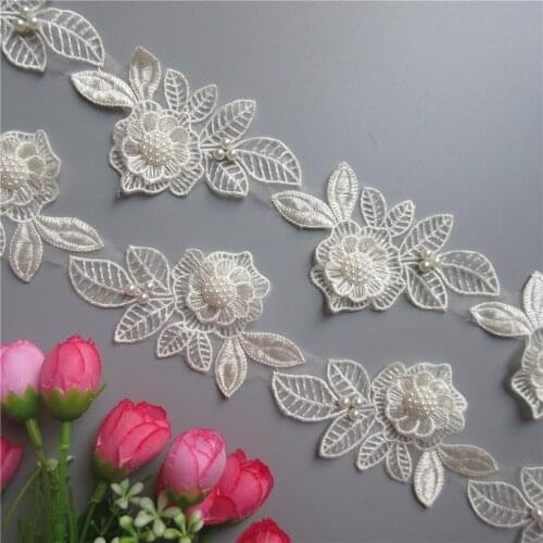 1yard Apricot Pearl Flower Leaf Embroidered Lace Trim Ribbon Fabric Patchwork Sewing Supplies Craft For Dress Clothes Decoration