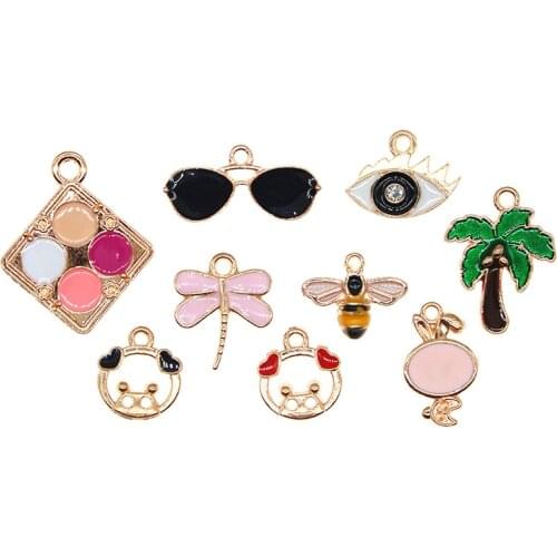 10pcs/lot Cute Enamel Glasses Dragonfly Bee Pig Rabbit Coconut Tree Charm For Earring Bracelet DIY Jewelry Making Finding XL1100