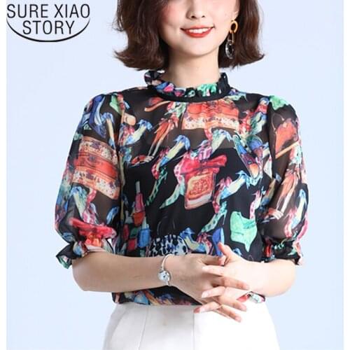 2020 Summer Elegant Print Half-sleeve Chiffon Shirt Women Office Lady Korean Style Loose-Fit Women Shirt Womens Tunic 8762 50
