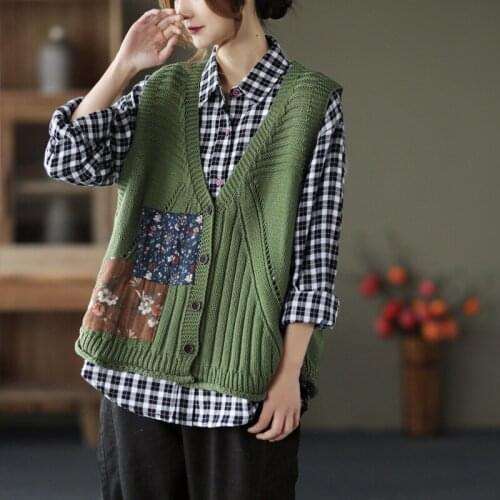 2021 New Style Women Patchwork Printed Knitwear Cardigans Sweater Casual V Neck Button Vest Pullovers Green Vintage Waistcoats