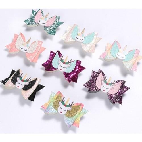 8pcs/lot Popular Unicorn Bowknot Hair Accessories Headdress for Children Glitter Wing Hair Clips Cute Elk Hairpins Kids Barrette