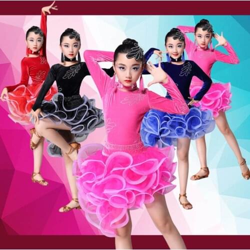 Velvet latin dance dress for girl competition children ballroom samba kids long sleeves salsa tango practice wear sequin cha cha