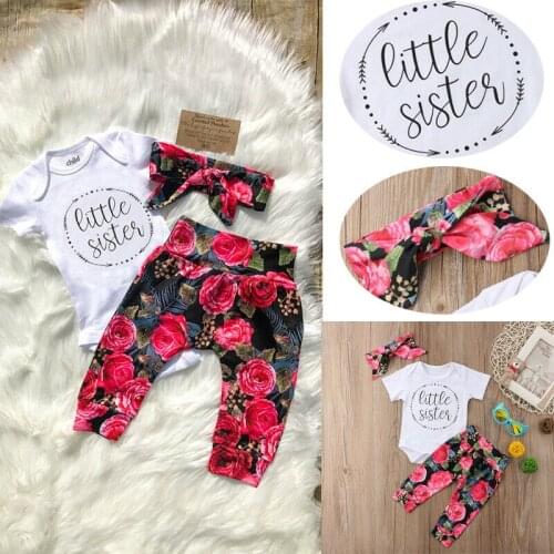 CANIS 3Pcs Newborn Baby Girl Short Sleeve Letter Printed Bodysuit Long Pants Leggings Headband Outfits Clothes