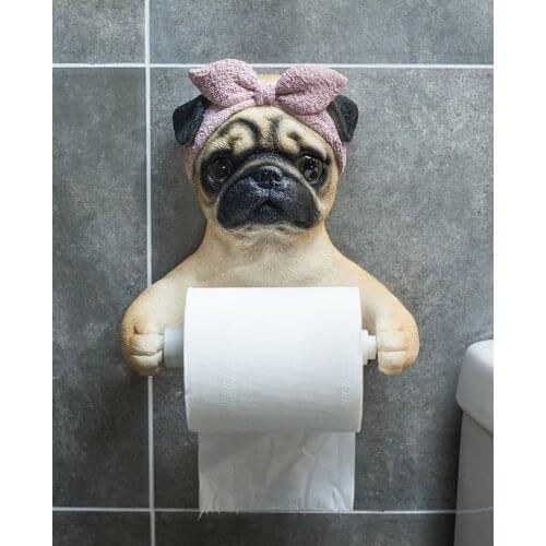 Decorative Resin Pug Dog Tissue Box Roll Holder Durable Bathroom Animal Lady Dog Wall Hanging Toilet Paper Canister