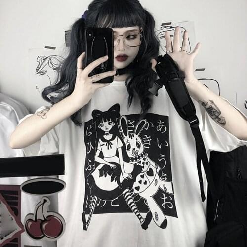 Women Harajuku T Shirt Aesthetic Gothic Punk Cartoon Print Tee Short Sleeve O-Neck Tops Summer Loose Oversized Street Clothes