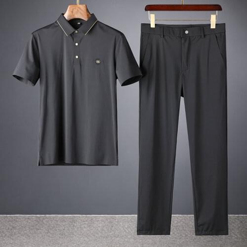 Summer ultra thin quick drying ice silk Lapel short sleeve suit mens non iron elastic silk sliding leisure sports two piece set