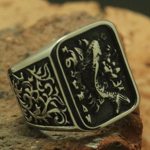 Cool Carp Flower Square Ring Men Boy 316L Stainless Steel Party Best Gift Band Biker
