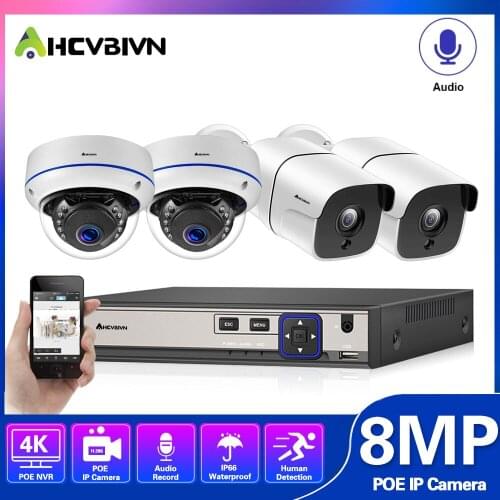 8MP 4K Ultra HD Security Camera System 4ch PoE NVR & 4 PoE IP Bullet Dome Cameras Surveillance 4CH NVR Kit P2P XMEYE