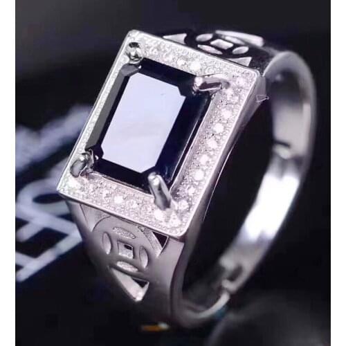 Men ring Natural real black sapphire rings 7*9mm 2.3ct gemstone Free shipping 925 sterling silver Fine jewelry T213178