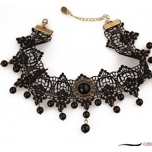 12 Pieces/Lot Rhinestone Black Lace Charm Necklace For Women Collar Accessories Hollow Flower Clavicle Chokers Halloween Gifts