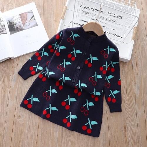 Girls Dress 2021 Winter Fruit Cherry Dress Long Sleeve Girls Clothes Knitted Jacket Top + Tutu Dress Christmas Sweater Knitwear