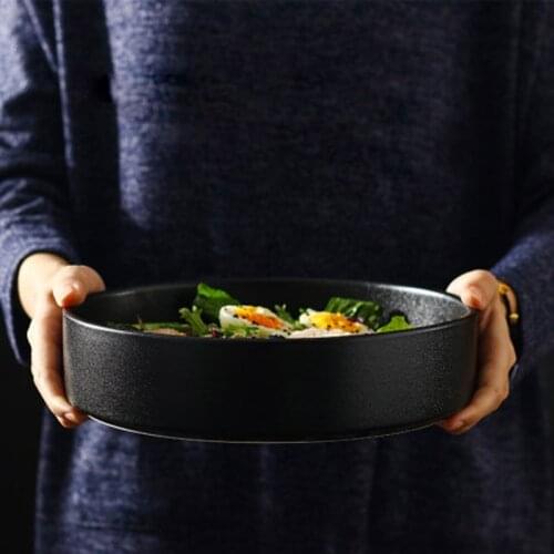 Straight-side Bowl Straight Bowl 9-inch Large Round Frosted Plate White Inside and Black Outside Simple Japanese Soup Bowls