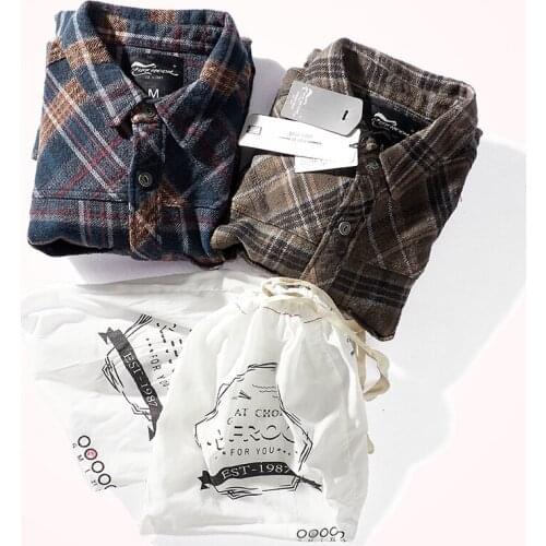 Autumn and Winter New Heavyweight Thickened Frosted Plaid Tooling Shirt Mens Retro Pure Cotton Washed Old Casual Blouses Coat