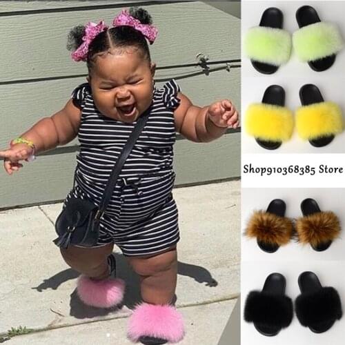 Girls Fluffy Raccoon Fur Slippers Kids Real Fox Fur Slides House Plush Soft Sandals Children Fashion Cute Colorful Furry Shoes