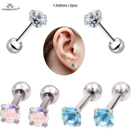 Starbeauty 2 pcs/lot 1.2x6x3mm 16G Round Bijoux Helix Piercing Oreja White Gem Stud Earrings Ear Piercing Tragus Pircing Jewelry