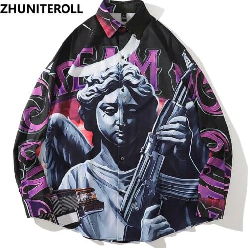 2021 Oversize Vintage Shirts Statue Print Shirt Hip Hop Blouse Harajuku Loose Long Sleeve Fashion Button Autumn Streetwear Tops