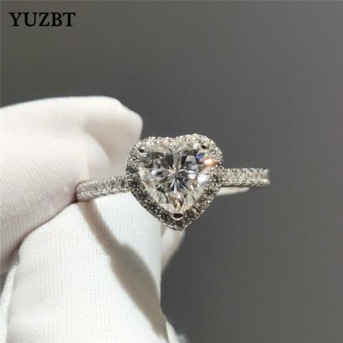 YUZBT Women 925 Silver 1 Carat Heart Gemstone Wedding Ring Excellent Cut Diamond Test Past D Color Moissanite Romantic Love Ring