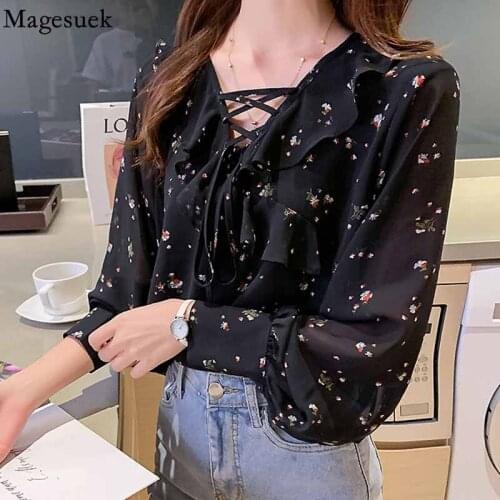 Autumn Fashion Floral Printed Chiffon Shirts Long Sleeve Loose Ruffle Womens Blouses Elegant V Neck Lace-up Womens Tops16371