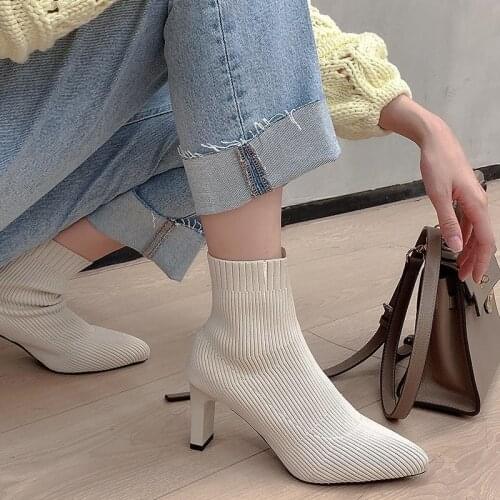 2021 Fashion Women Boots Beige Pointed Toe Yarn Elastic Ankle Boots Thick Heels Shoes Autumn Winter Female Socks Boots